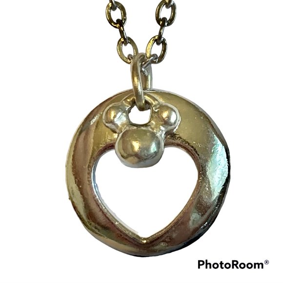 Vintage Disney Mickey Mouse Ears Heart Charm Necklace Stainless Steel 18" Chain - Picture 2 of 11